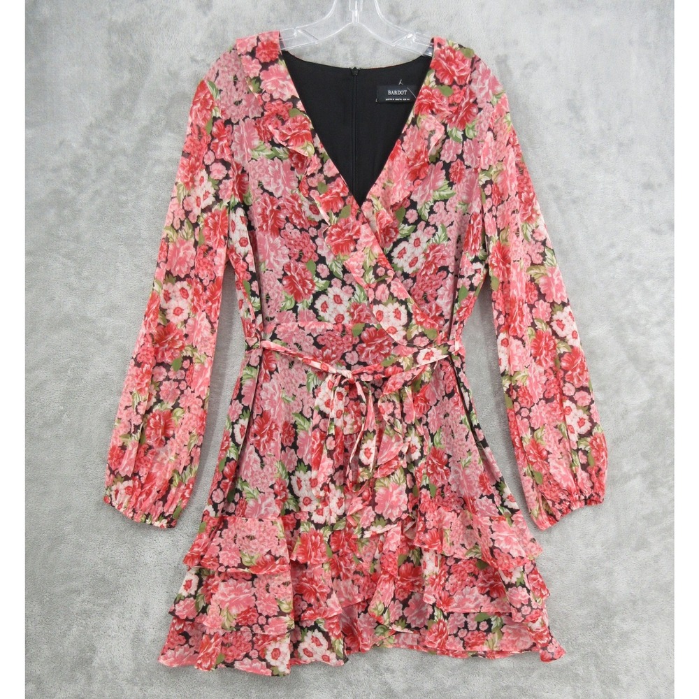 Bardot Dress Womens Size 12 Floral Ruffle Faux Wrap Chiffon Feminine Romantic